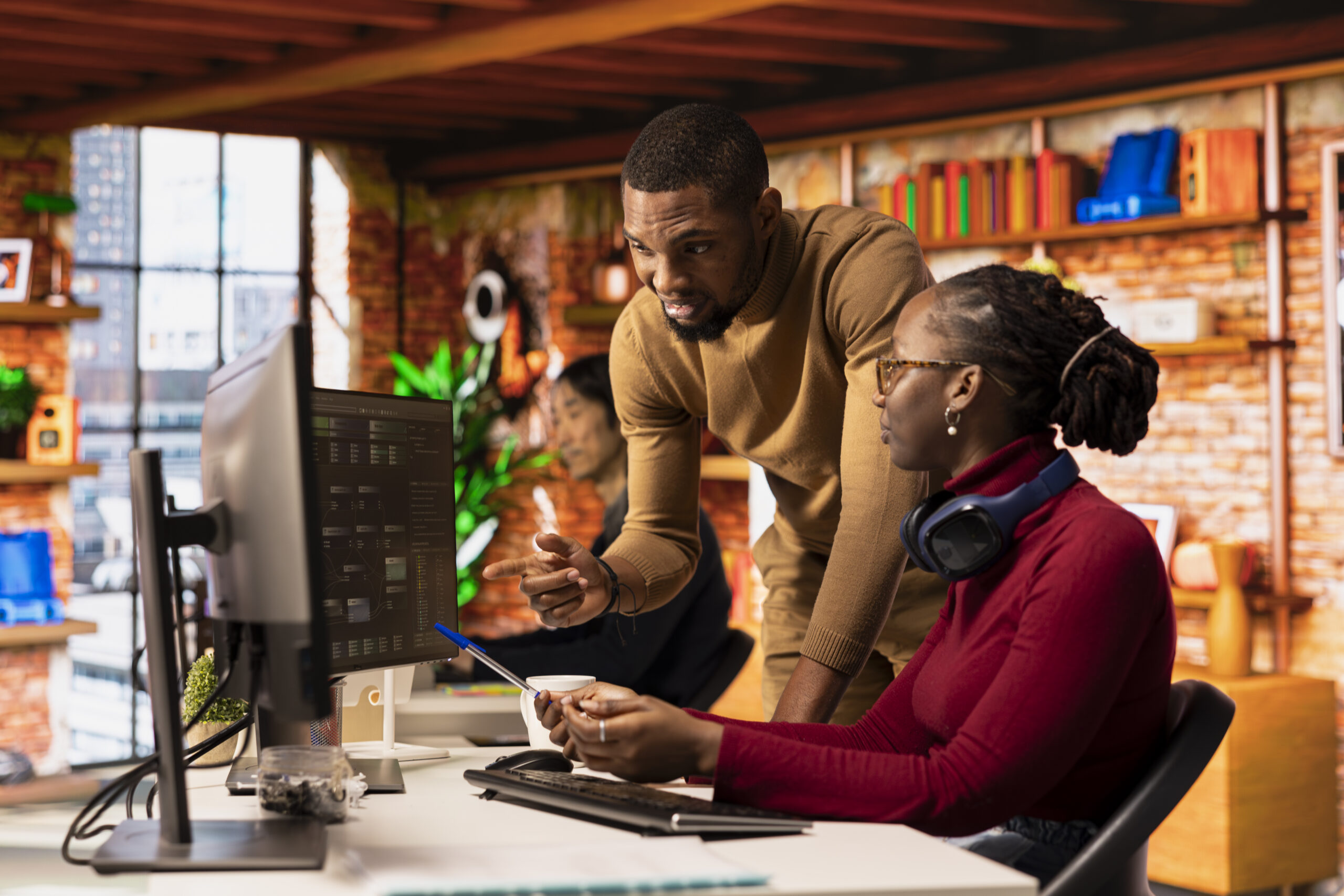 teamworking startups employees leveraging machine learning technology in office